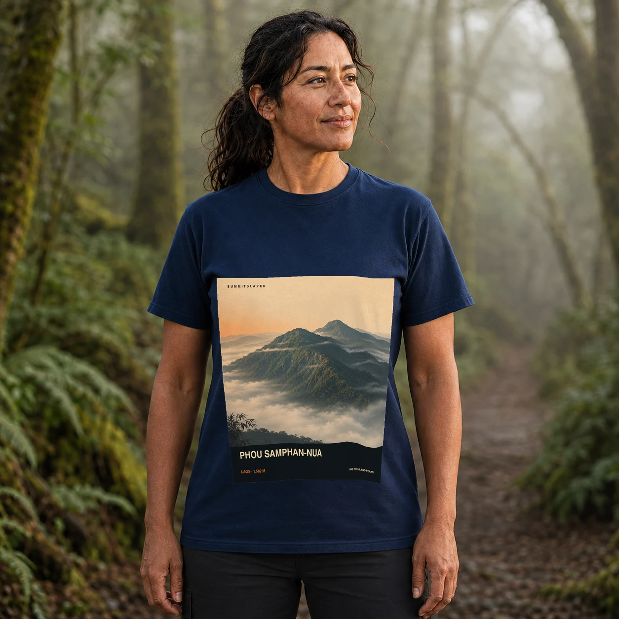 Navy Phou Samphan-Nua T-shirt front with mountain artwork