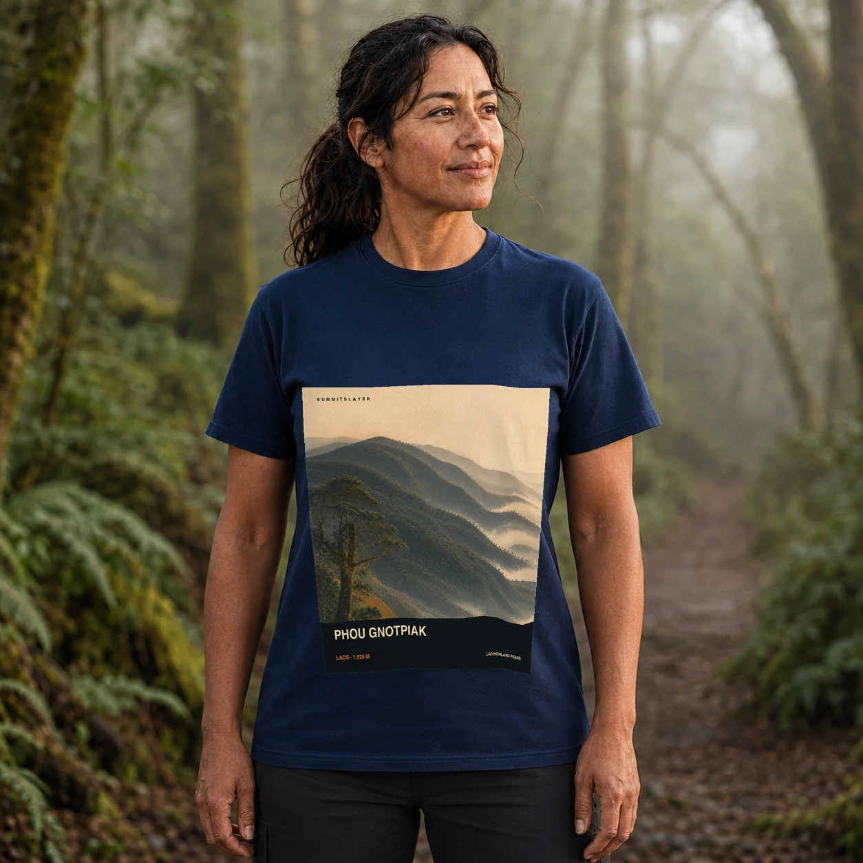 Navy Phou Gnotpiak T-shirt front with mountain artwork