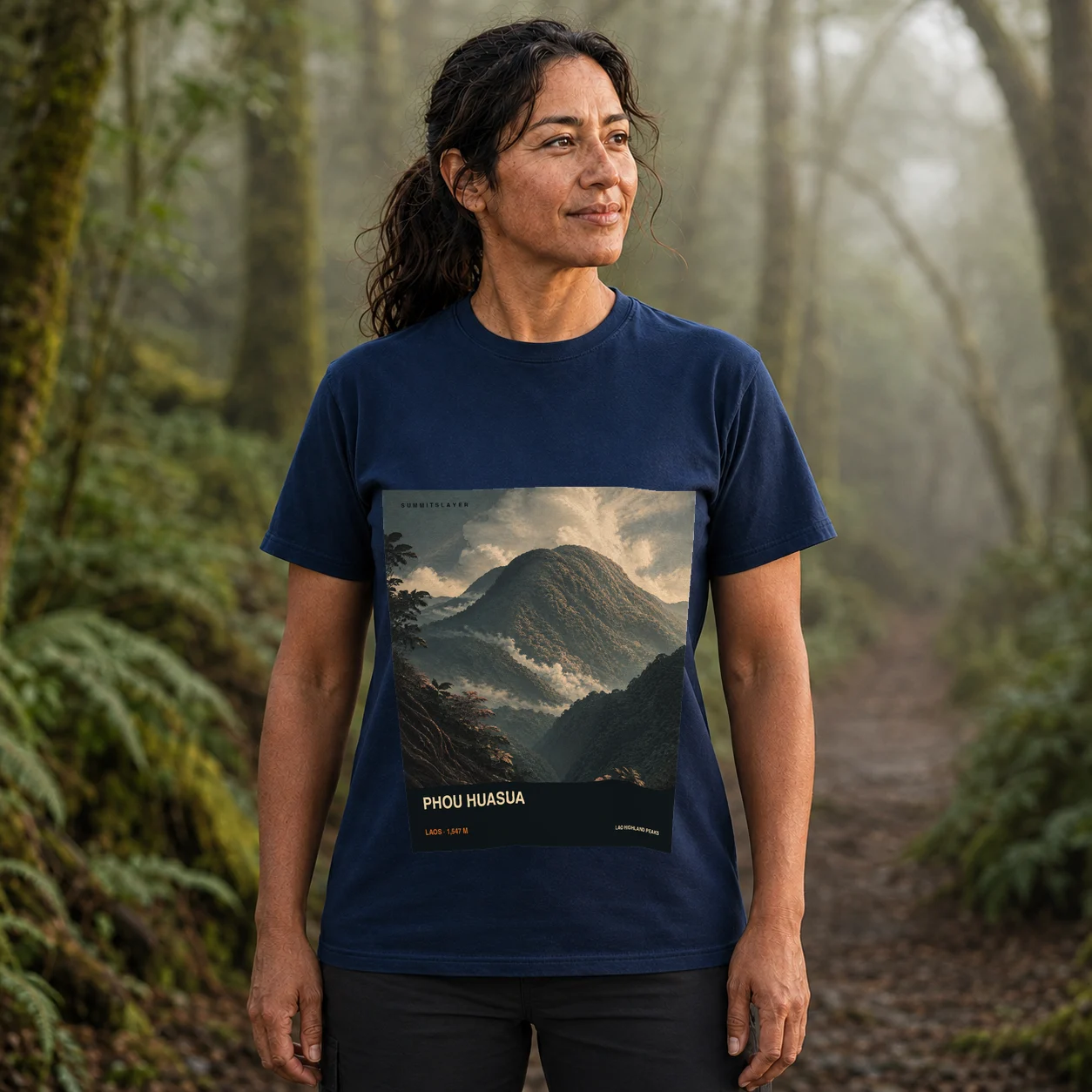 Navy Phou Huasua T-shirt front with mountain artwork