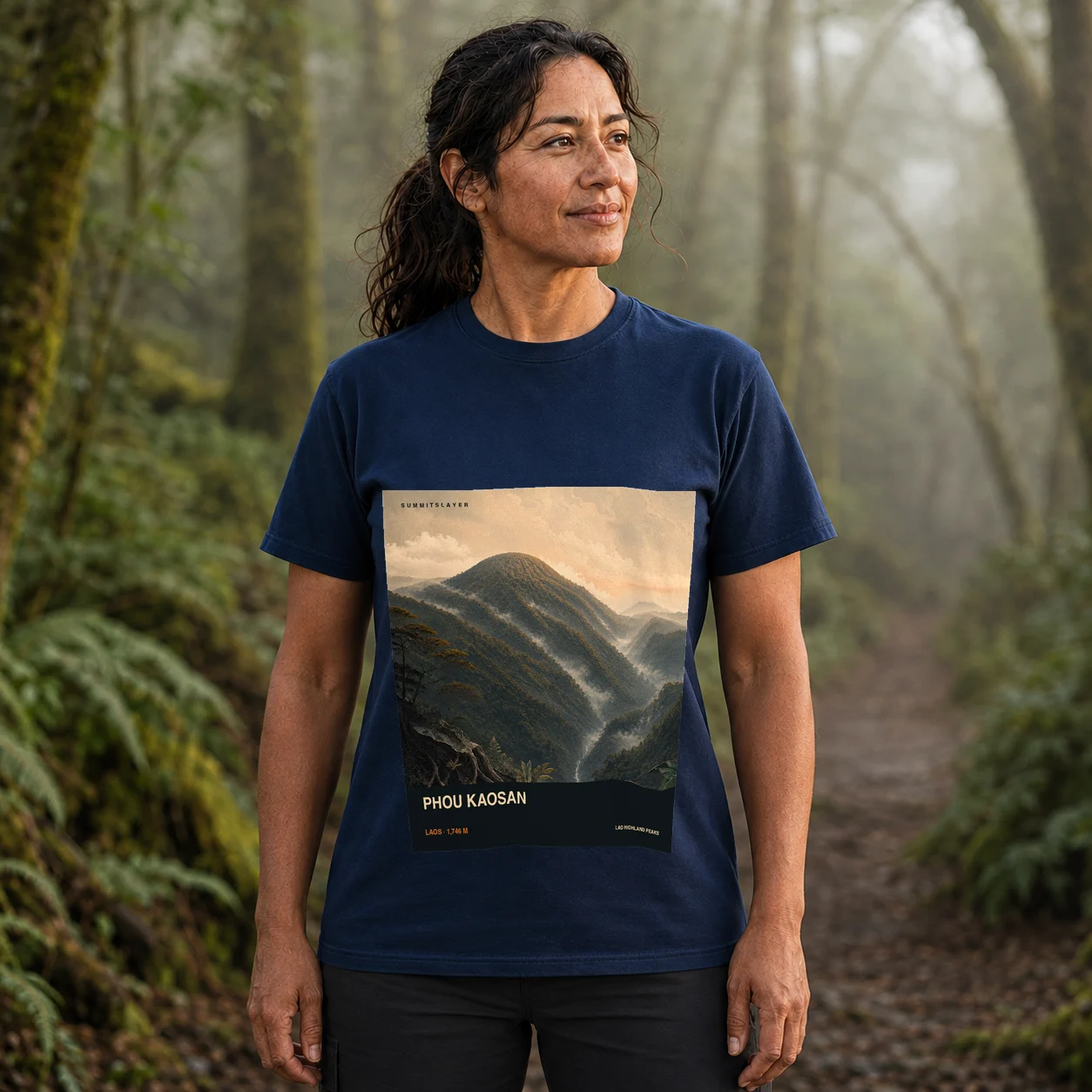 Navy Phou Kaosan T-shirt front with mountain artwork