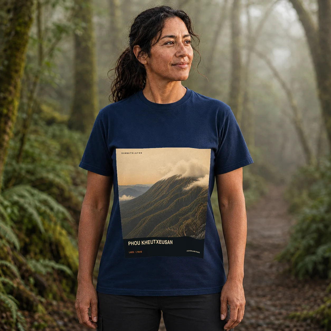 Navy Phou Kheutxeusan T-shirt front with mountain artwork