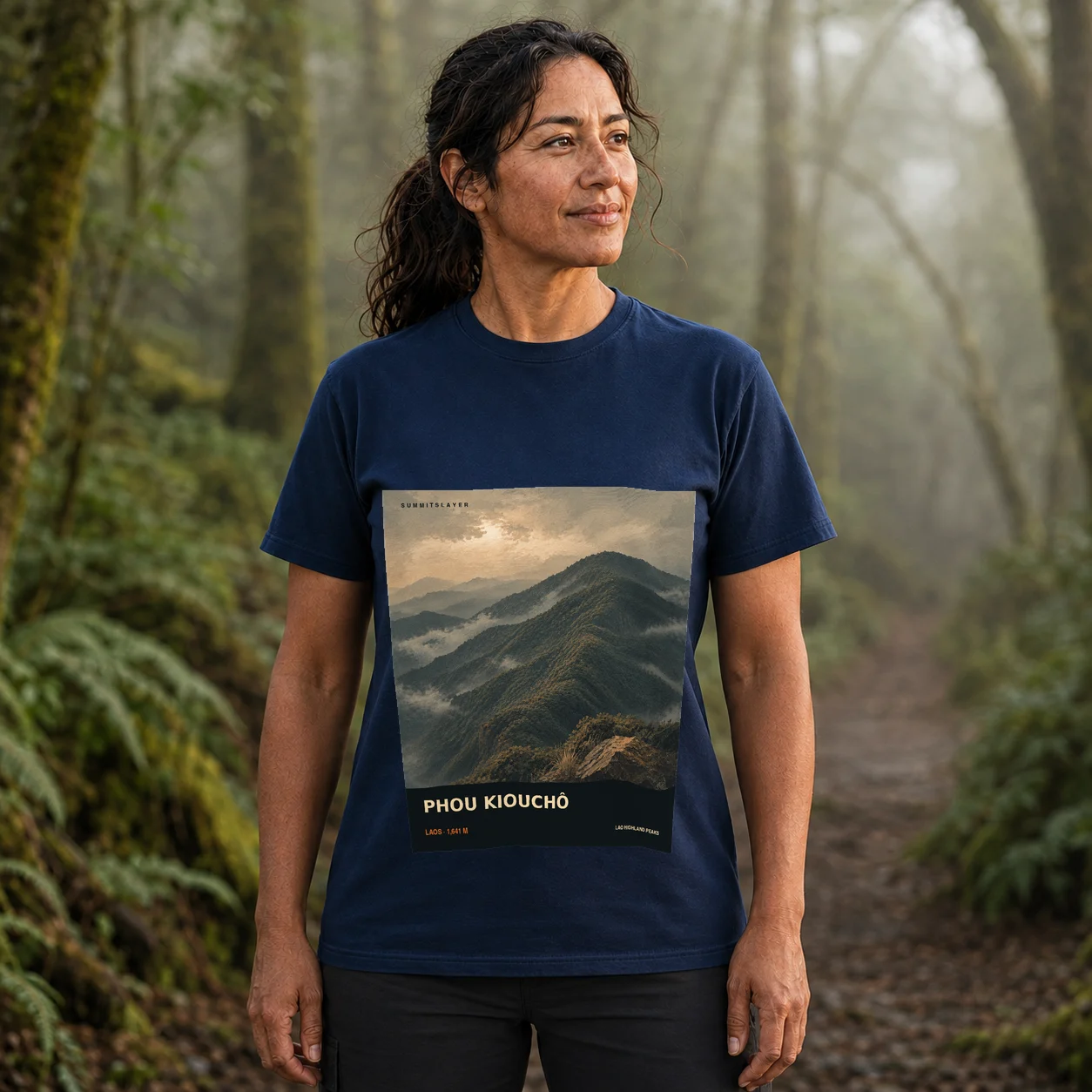Navy Phou Kiouchô T-shirt front with mountain artwork