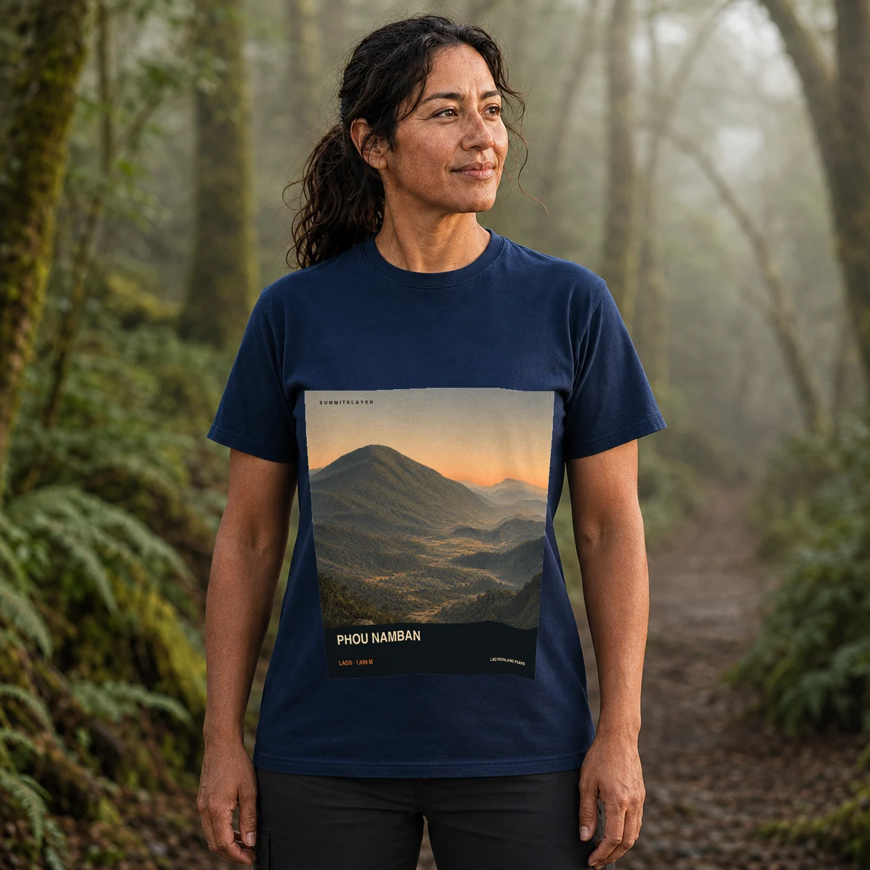 Navy Phou Namban T-shirt front with mountain artwork