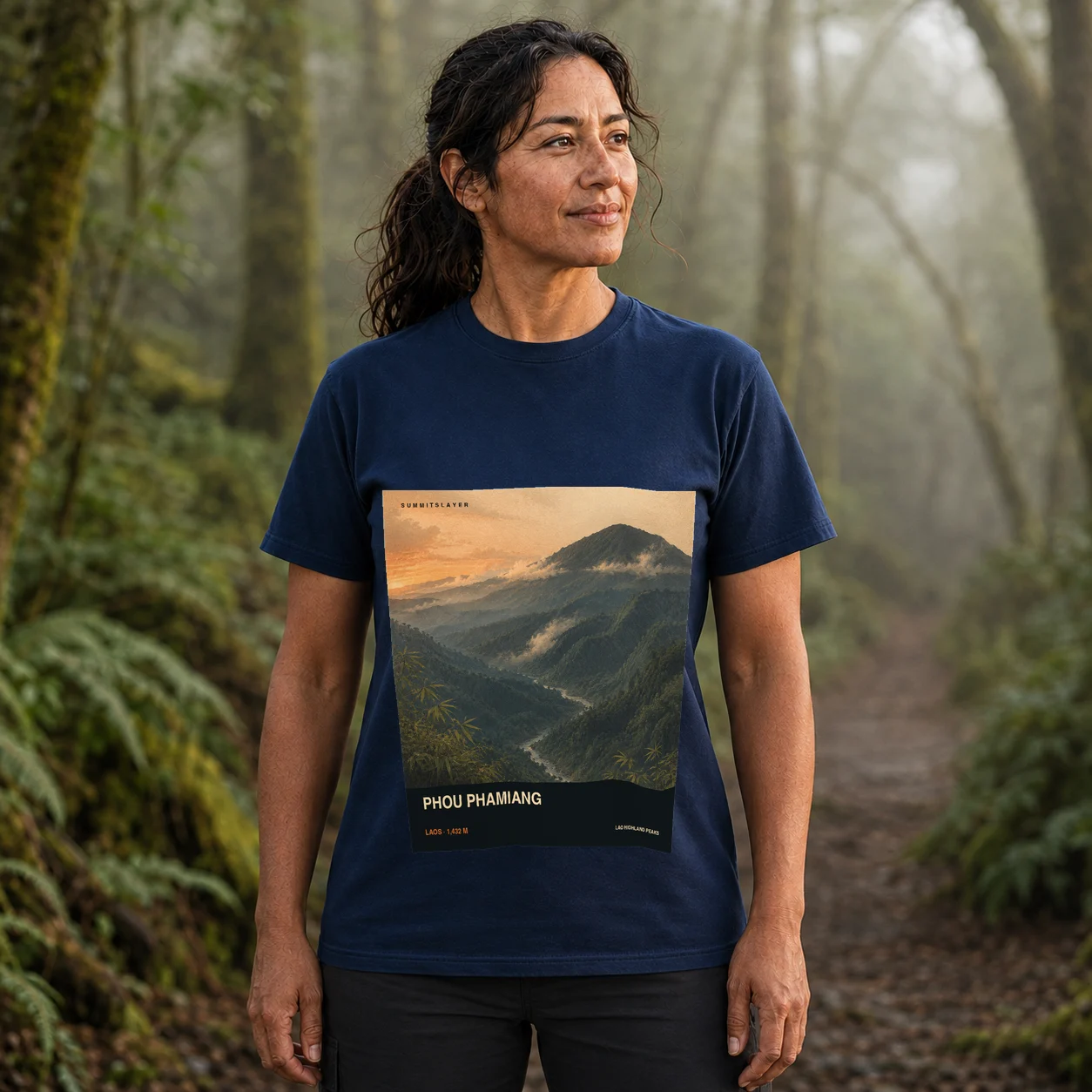 Navy Phou Phamiang T-shirt front with mountain artwork