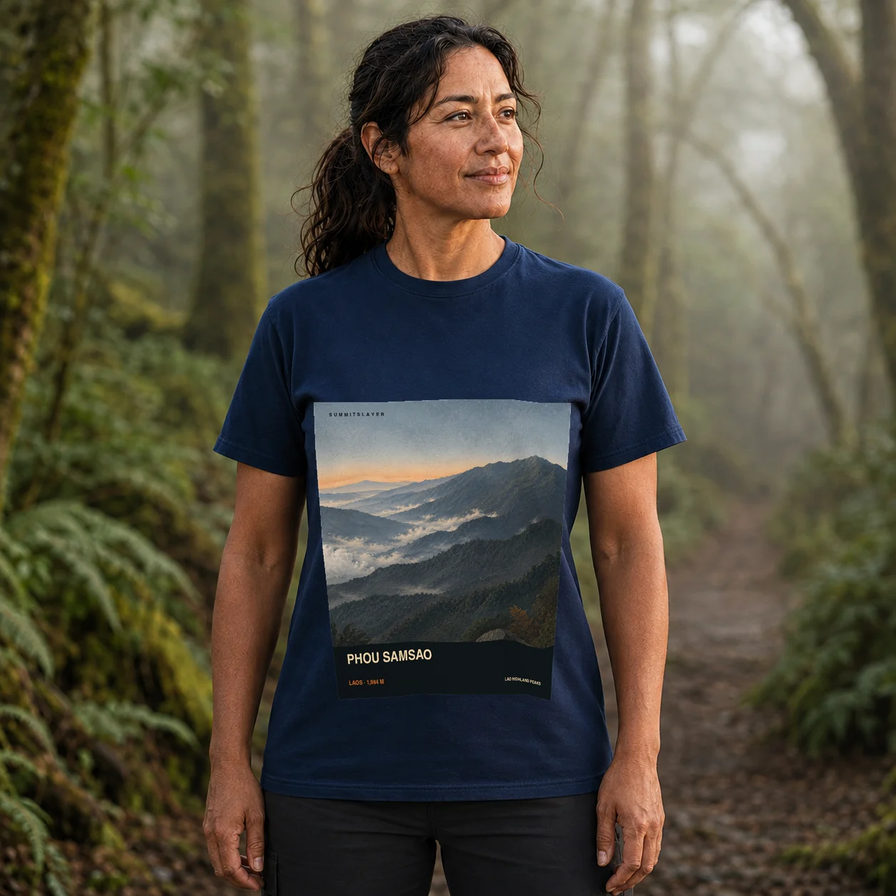 Navy Phou Samsao T-shirt front with mountain artwork