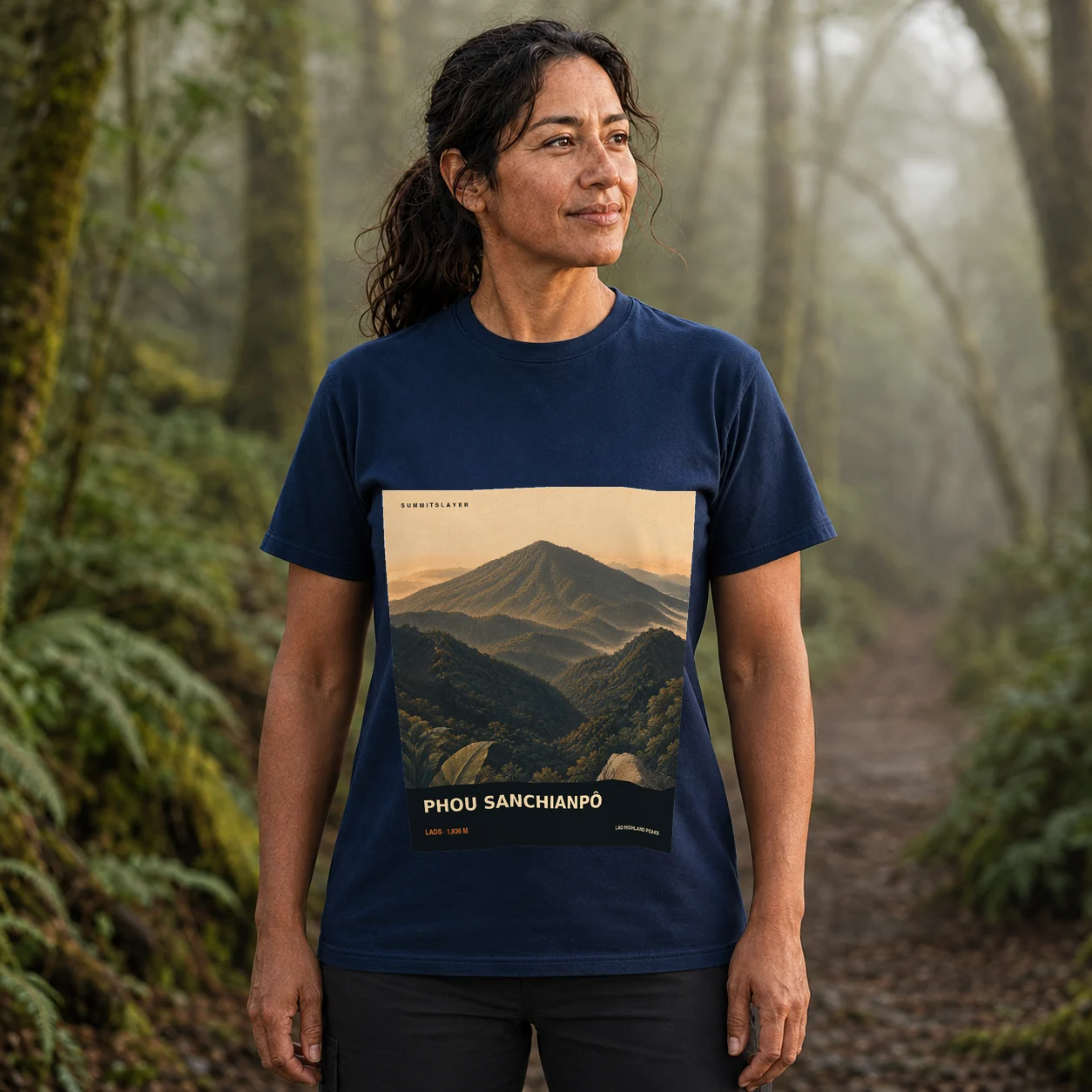 Navy Phou Sanchianpô T-shirt front with mountain artwork