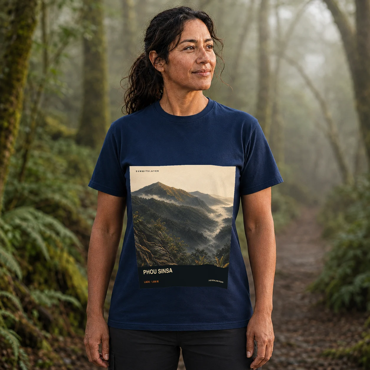 Navy Phou Sinsa T-shirt front with mountain artwork
