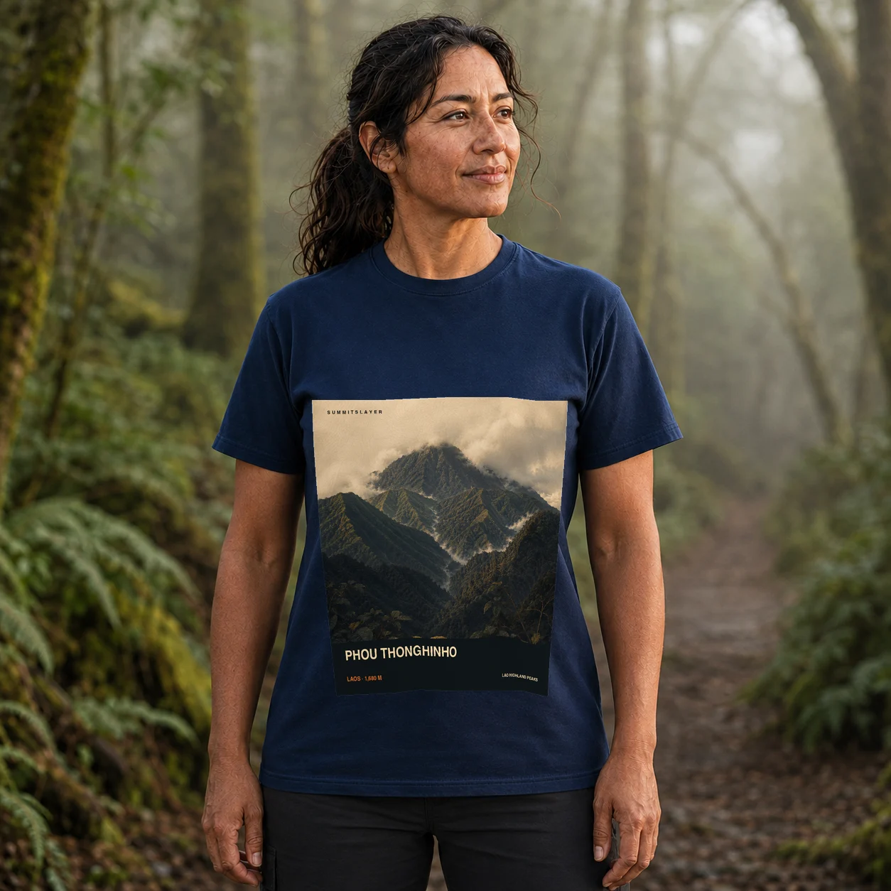 Navy Phou Thonghinho T-shirt front with mountain artwork