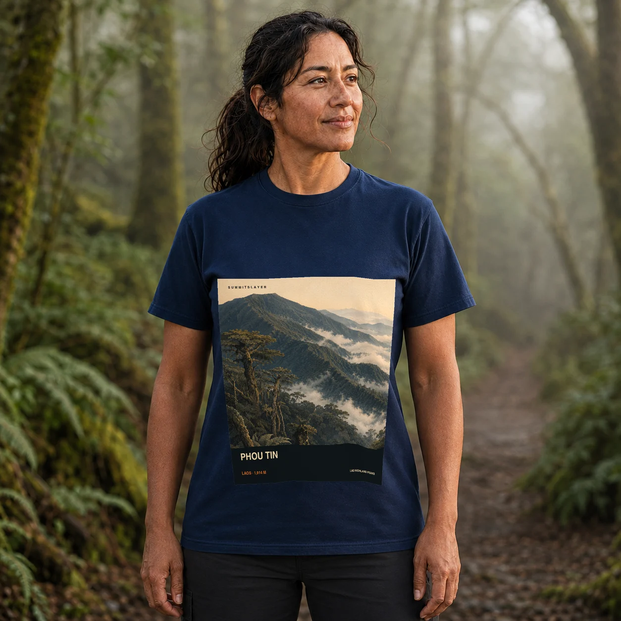Navy Phou Tin T-shirt front with mountain artwork