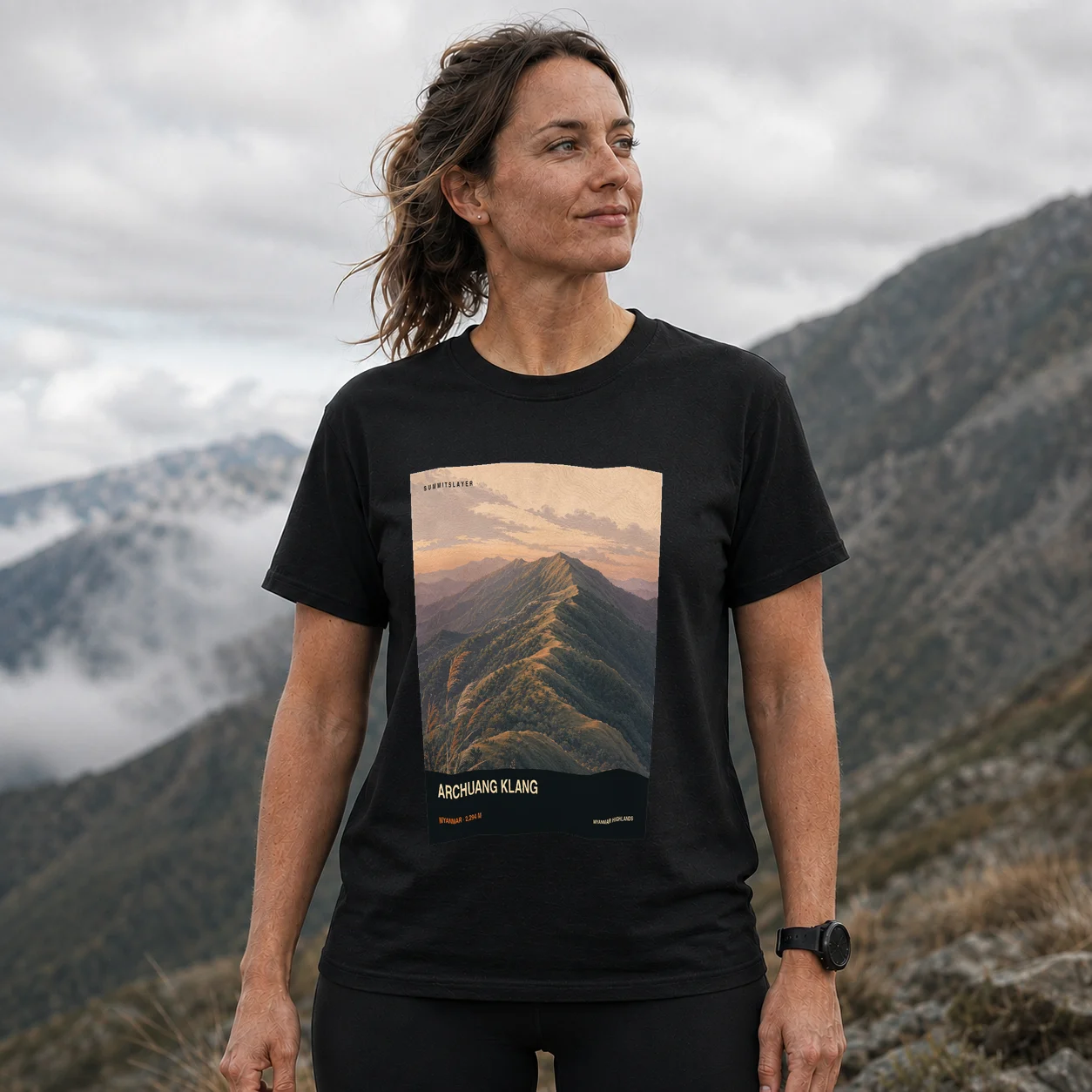 Black Archuang Klang T-shirt front with mountain artwork