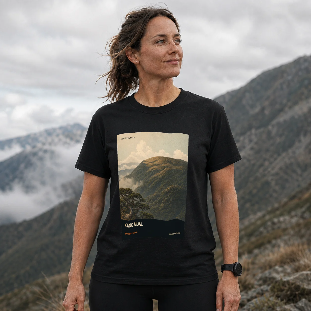 Black Kang Mual T-shirt front with mountain artwork