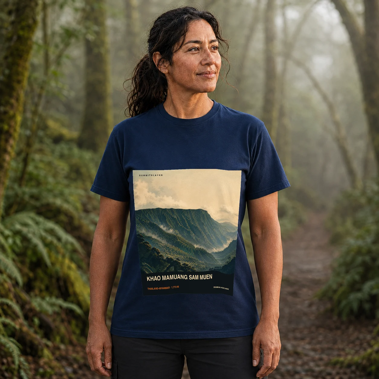 Navy Khao Mamuang Sam Muen T-shirt front with mountain artwork