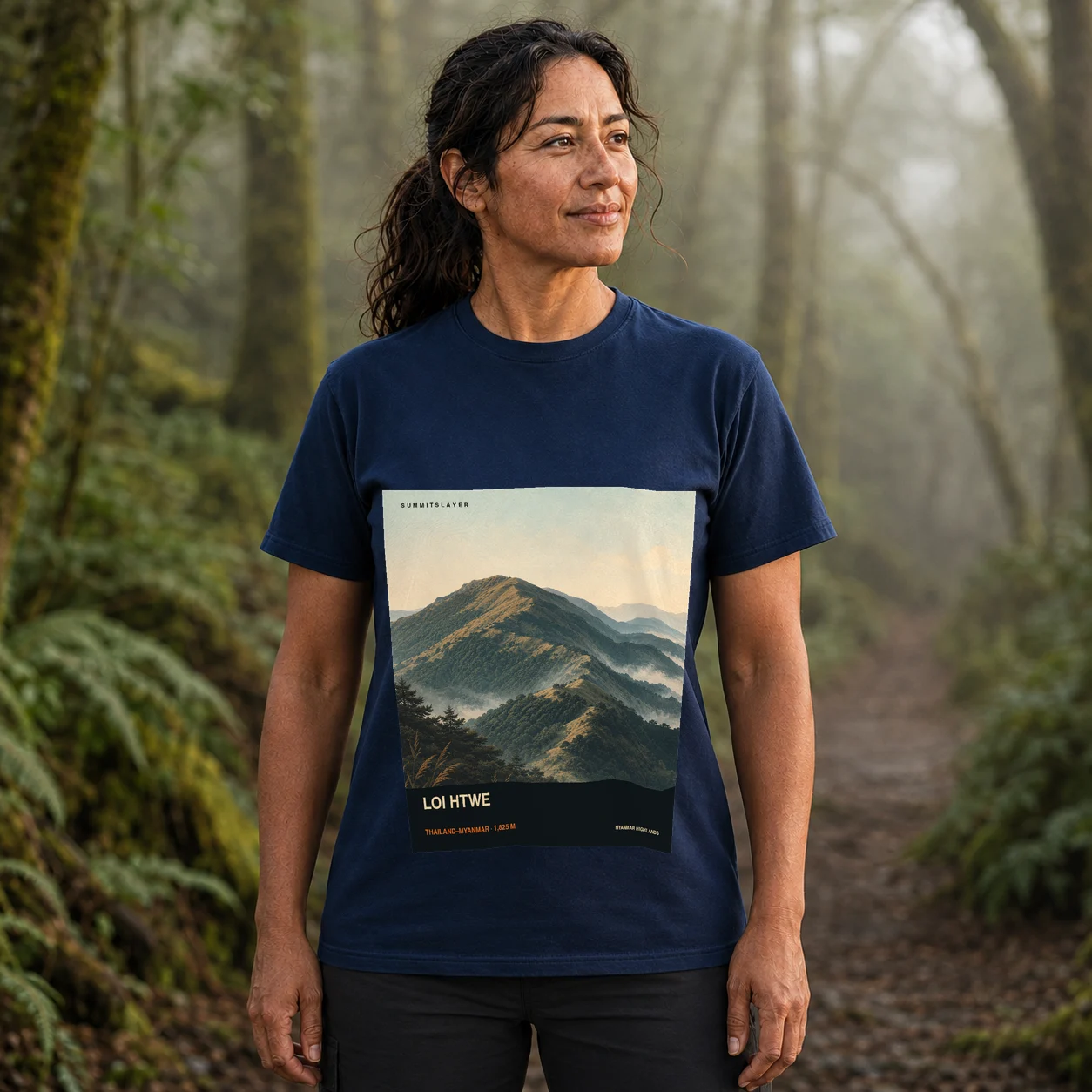 Navy Loi Htwe T-shirt front with mountain artwork