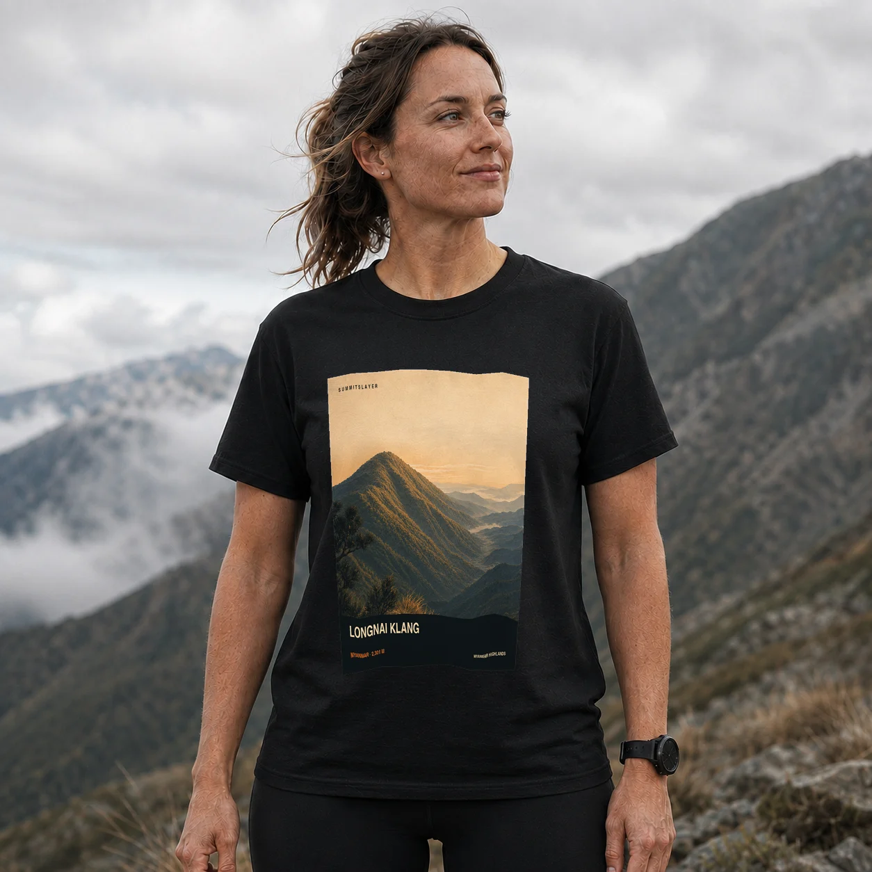 Black Longnai Klang T-shirt front with mountain artwork