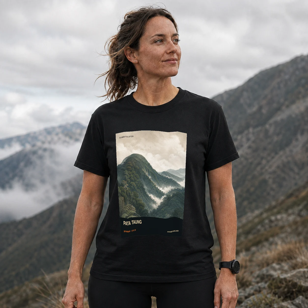 Black Pata Taung T-shirt front with mountain artwork