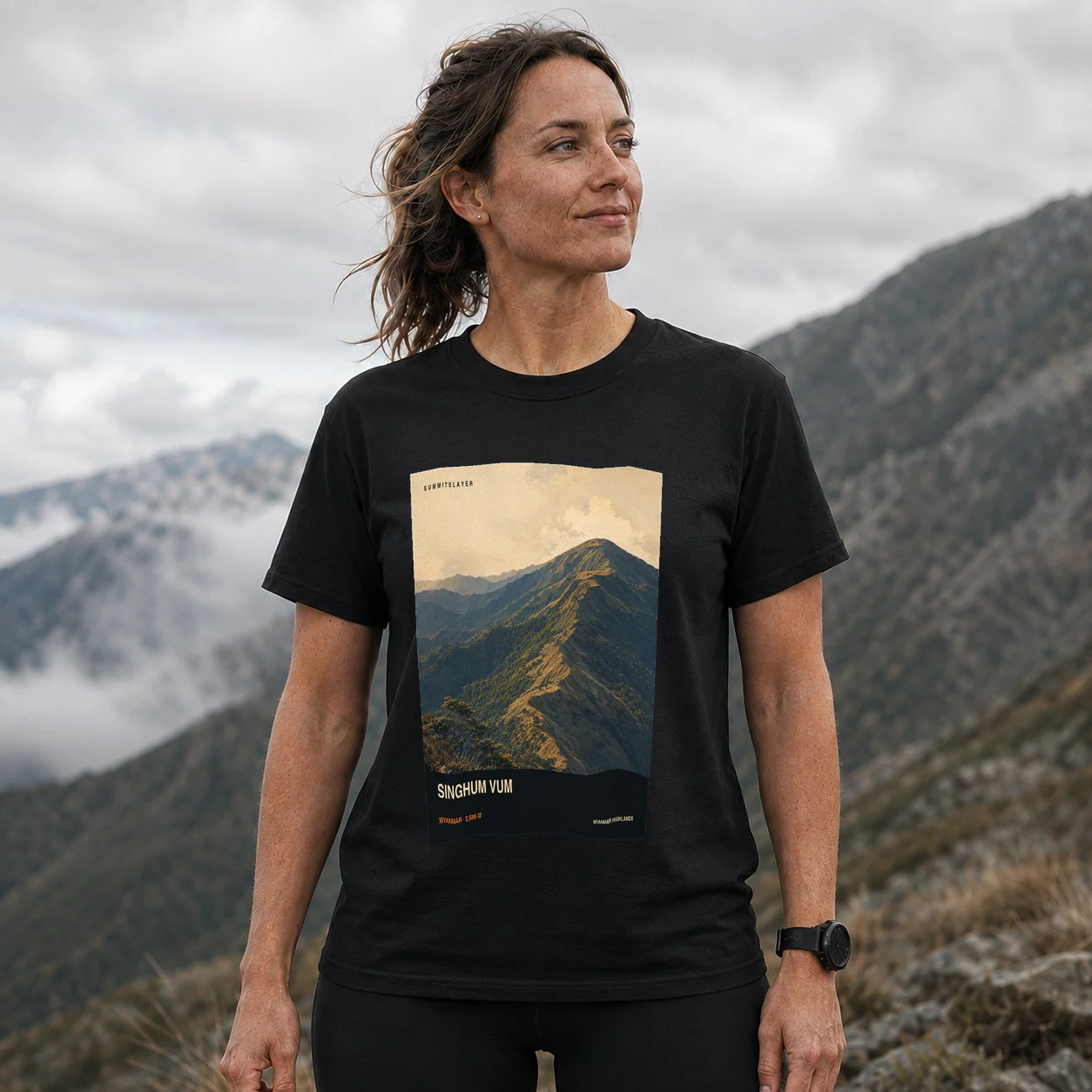 Black Singhum Vum T-shirt front with mountain artwork