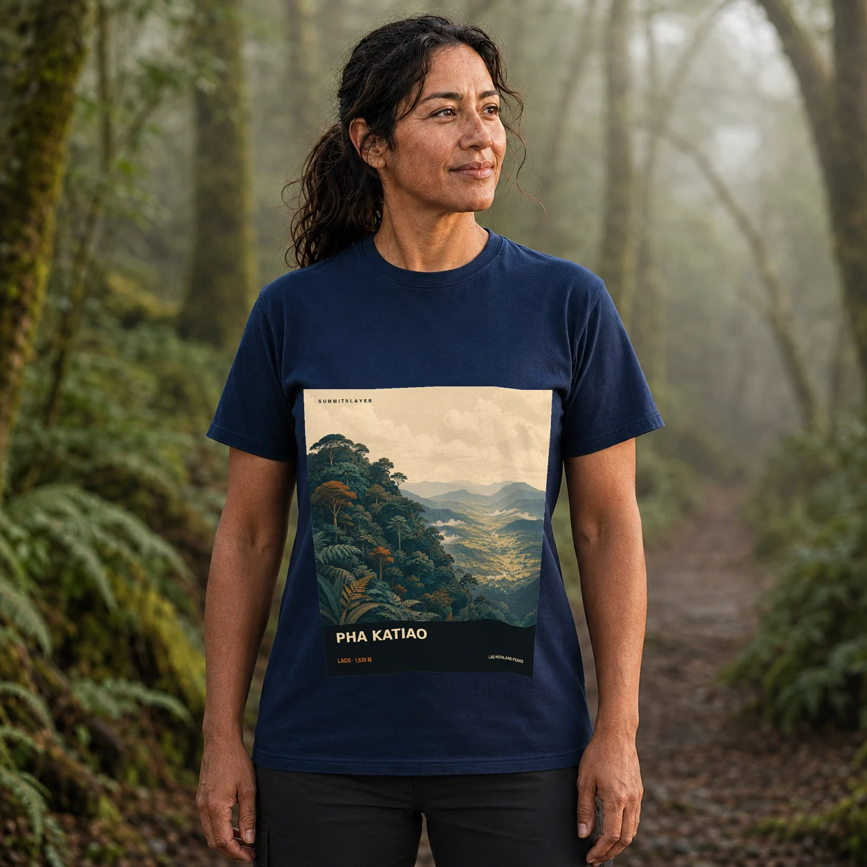 Navy Pha Katiao T-shirt front with mountain artwork