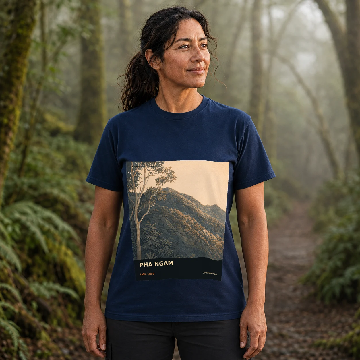 Navy Pha Ngam T-shirt front with mountain artwork