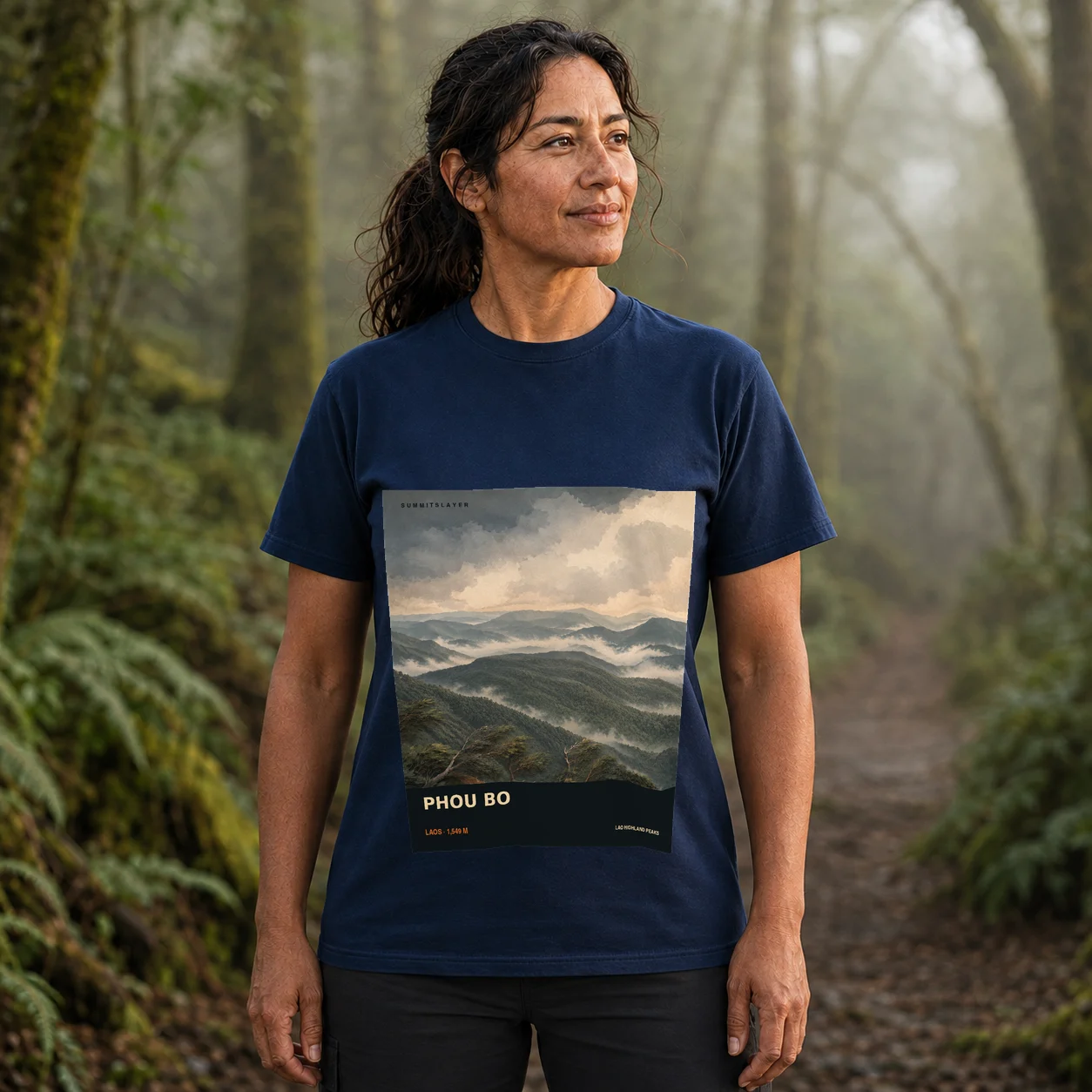 Navy Phou Bo T-shirt front with mountain artwork
