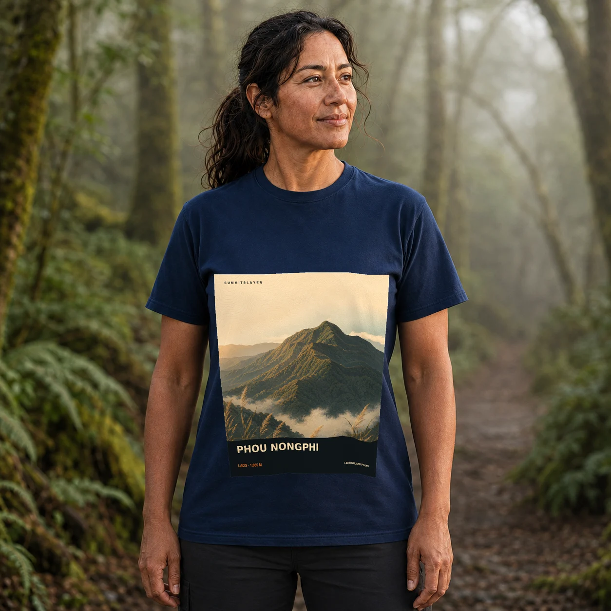 Navy Phou Nongphi T-shirt front with mountain artwork