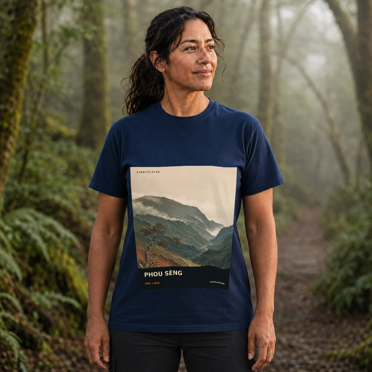 Navy Phou Sèng T-shirt front with mountain artwork