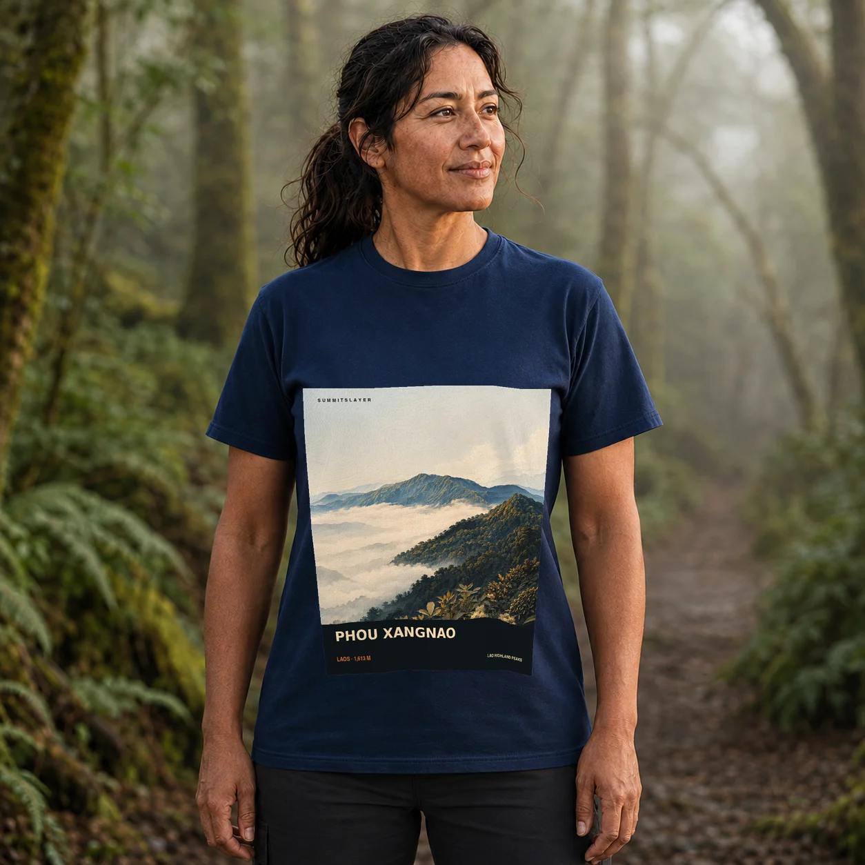 Navy Phou Xangnao T-shirt front with mountain artwork
