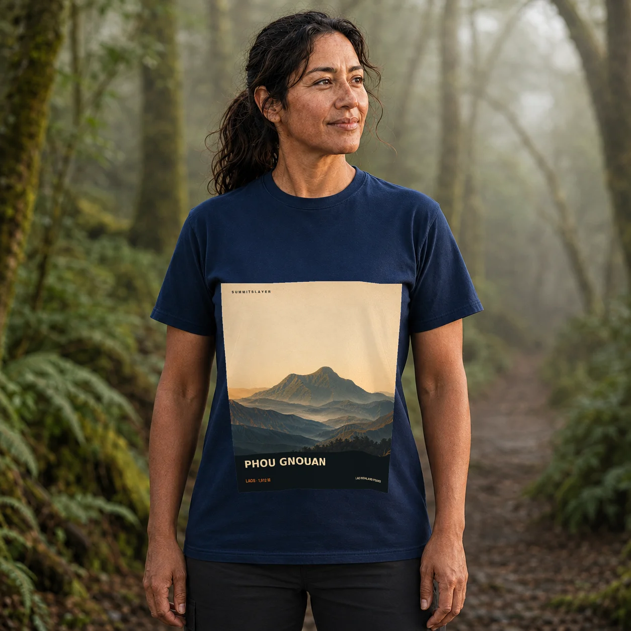 Navy Phou Gnouan T-shirt front with mountain artwork