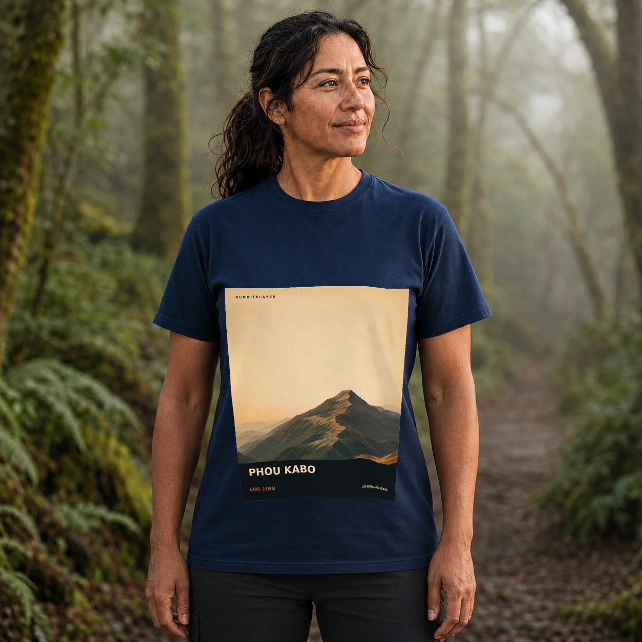 Navy Phou Kabo T-shirt front with mountain artwork