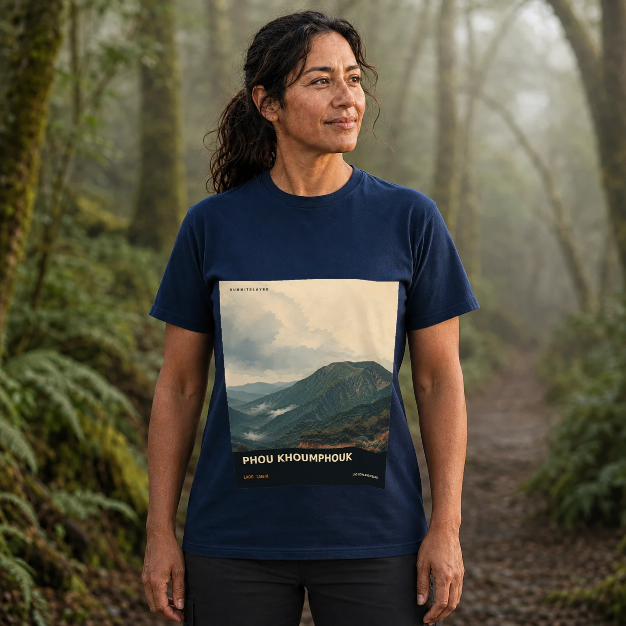 Navy Phou Khoumphouk T-shirt front with mountain artwork