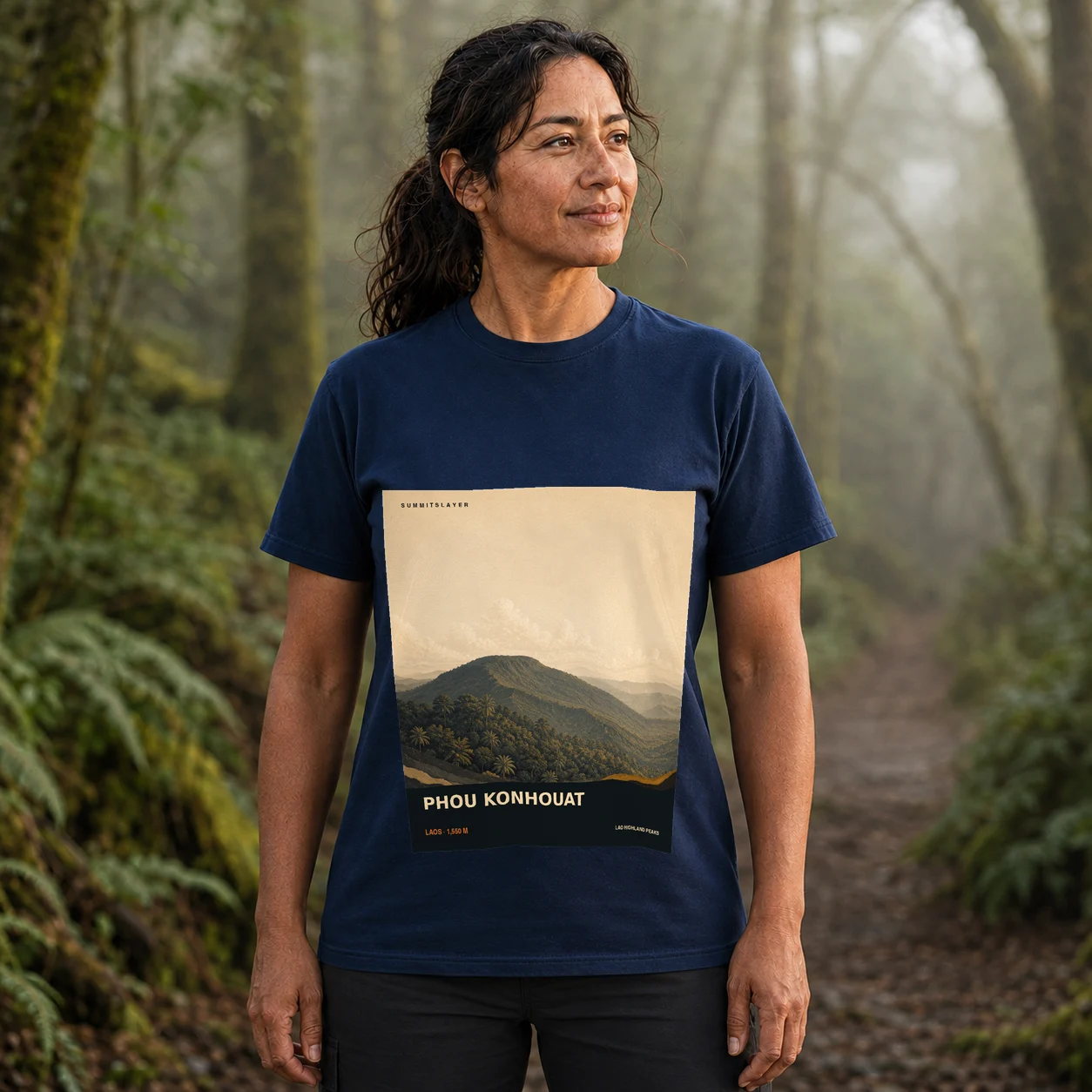 Navy Phou Kônhouat T-shirt front with mountain artwork