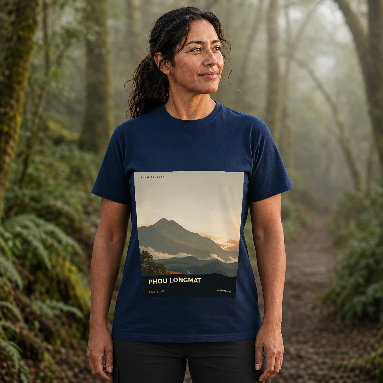 Navy Phou Longmat T-shirt front with mountain artwork