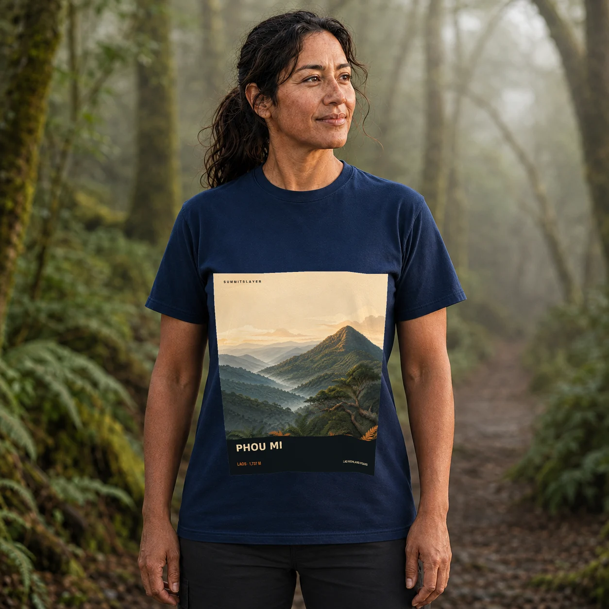 Navy Phou Mi T-shirt front with mountain artwork