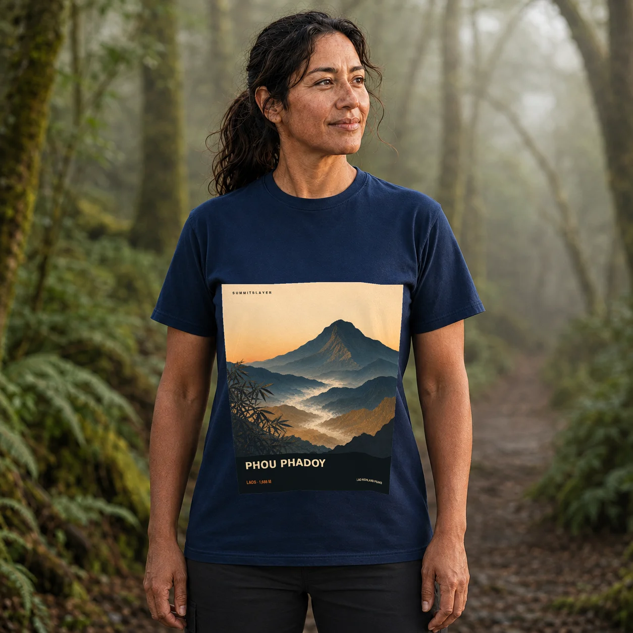 Navy Phou Phadoy T-shirt front with mountain artwork