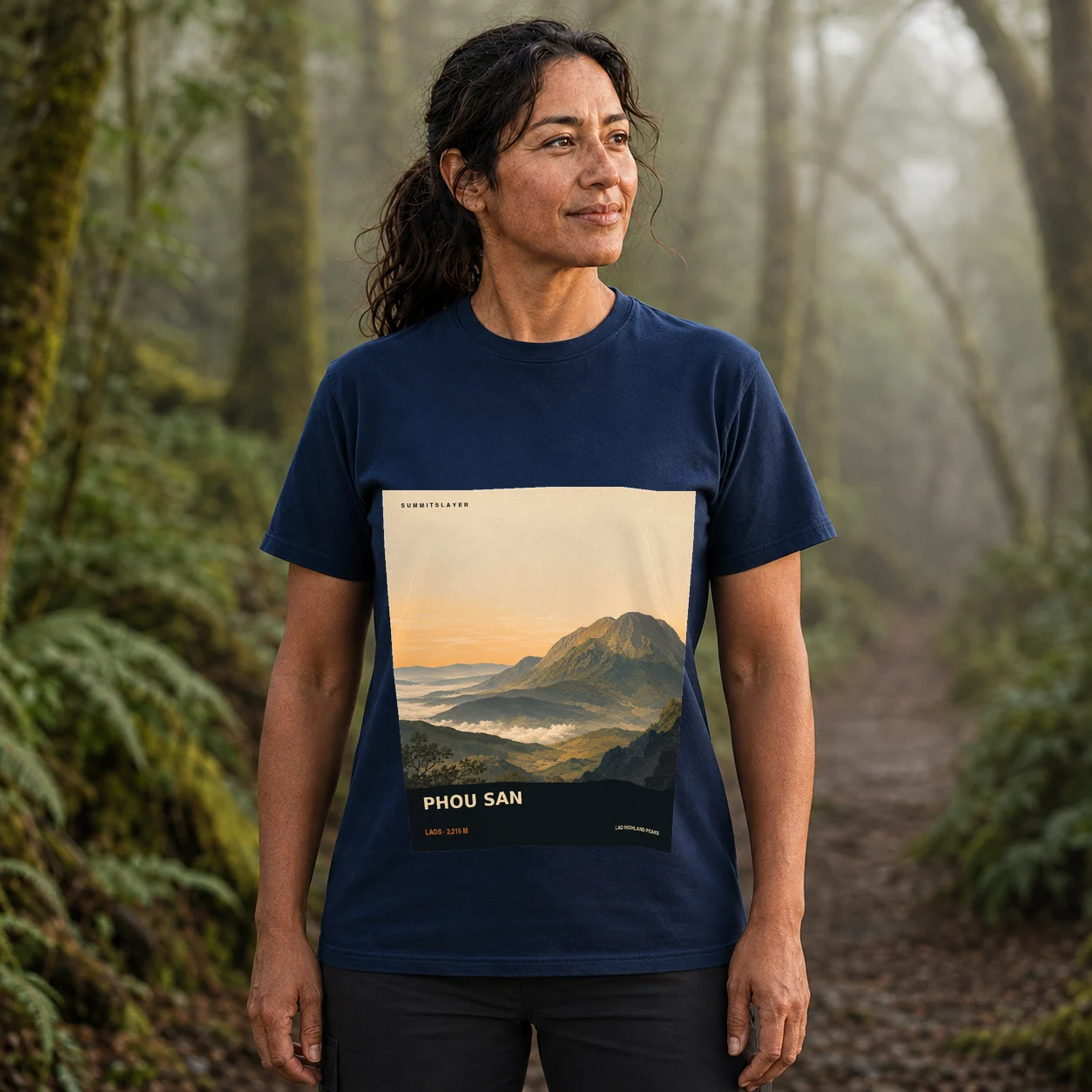 Navy Phou San T-shirt front with mountain artwork