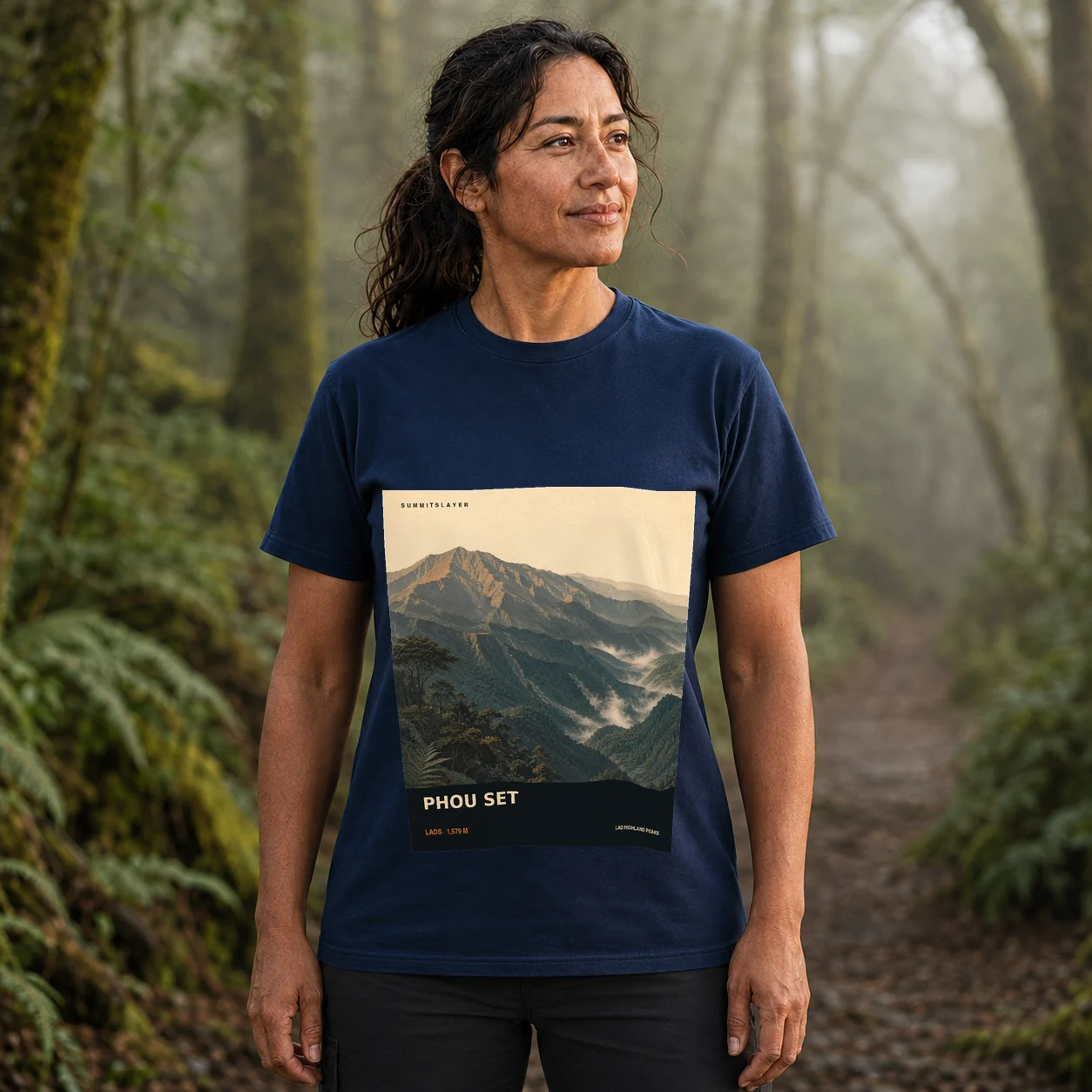 Navy Phou Sét T-shirt front with mountain artwork