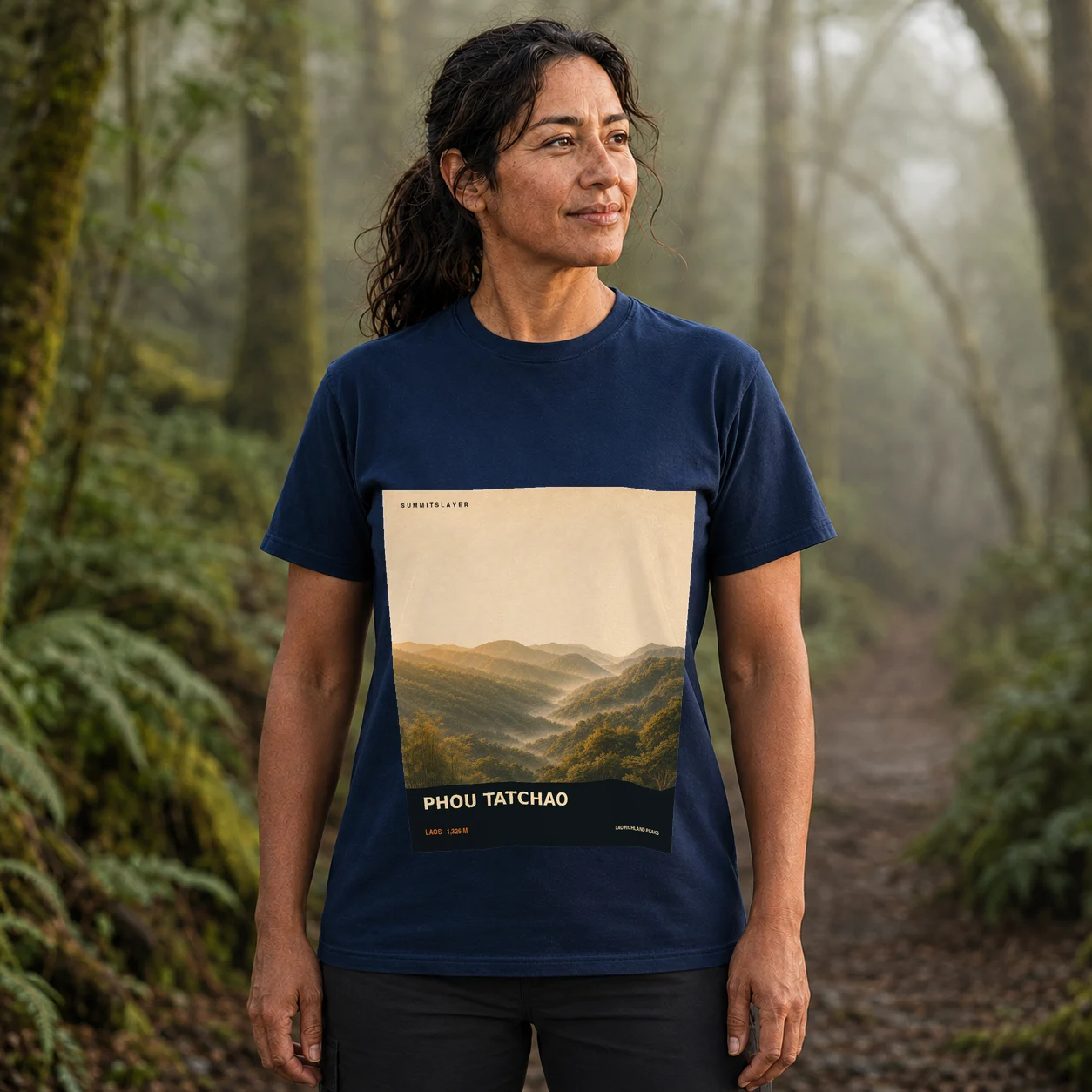 Navy Phou Tatchao T-shirt front with mountain artwork
