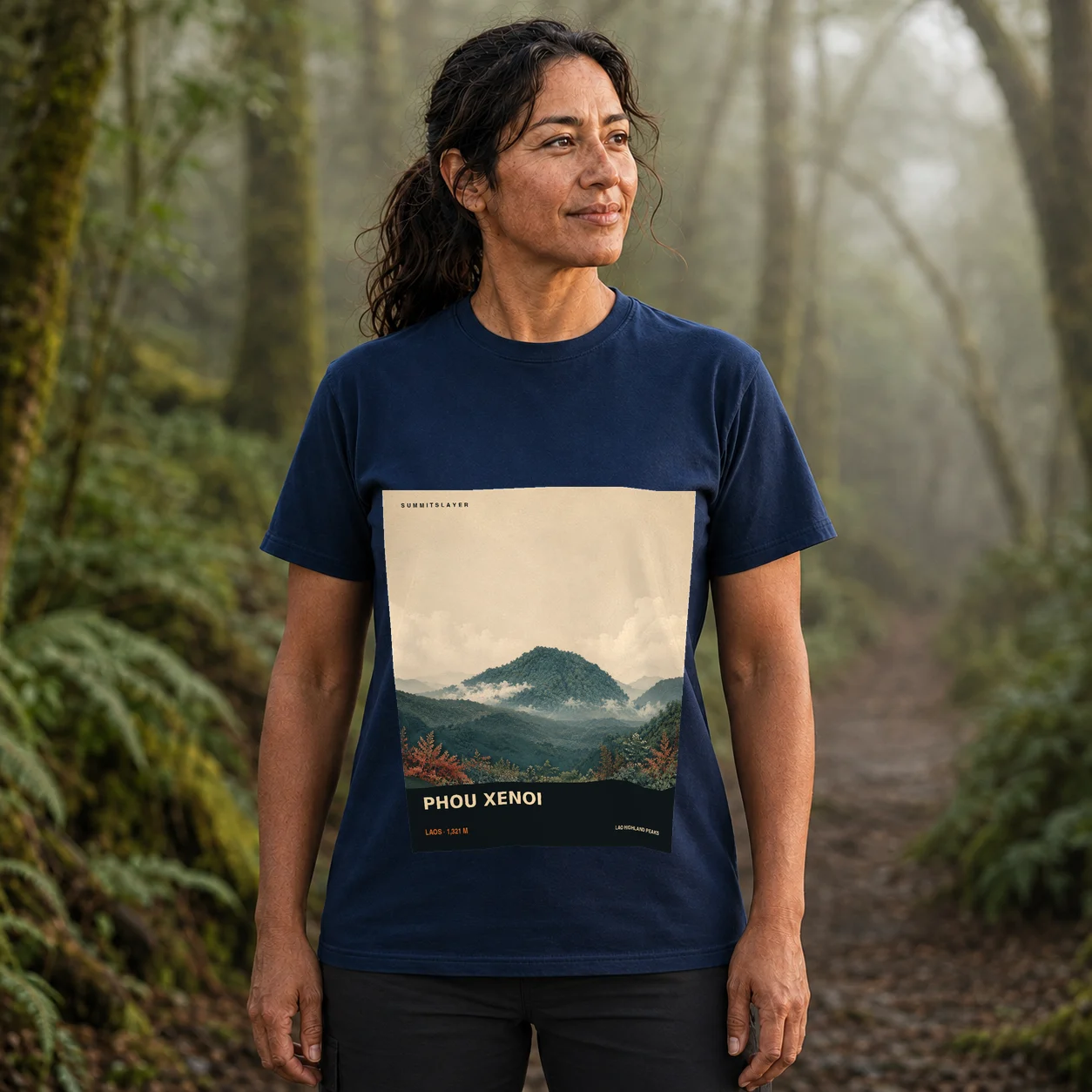 Navy Phou Xènoi T-shirt front with mountain artwork