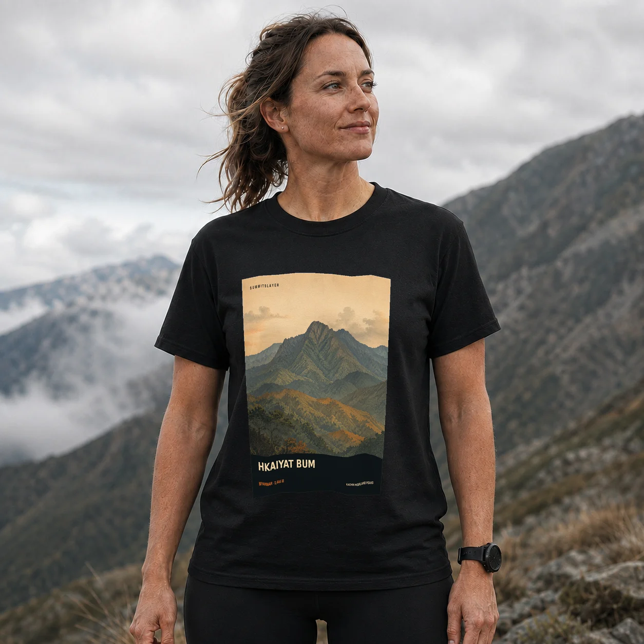 Black Hkaiyat Bum T-shirt front with mountain artwork