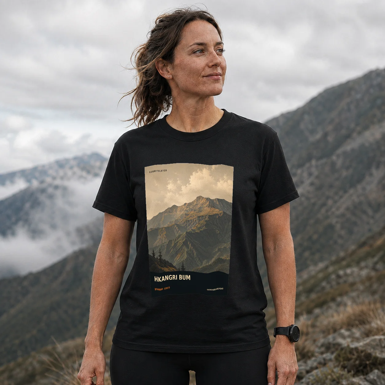 Black Hkangri Bum T-shirt front with mountain artwork