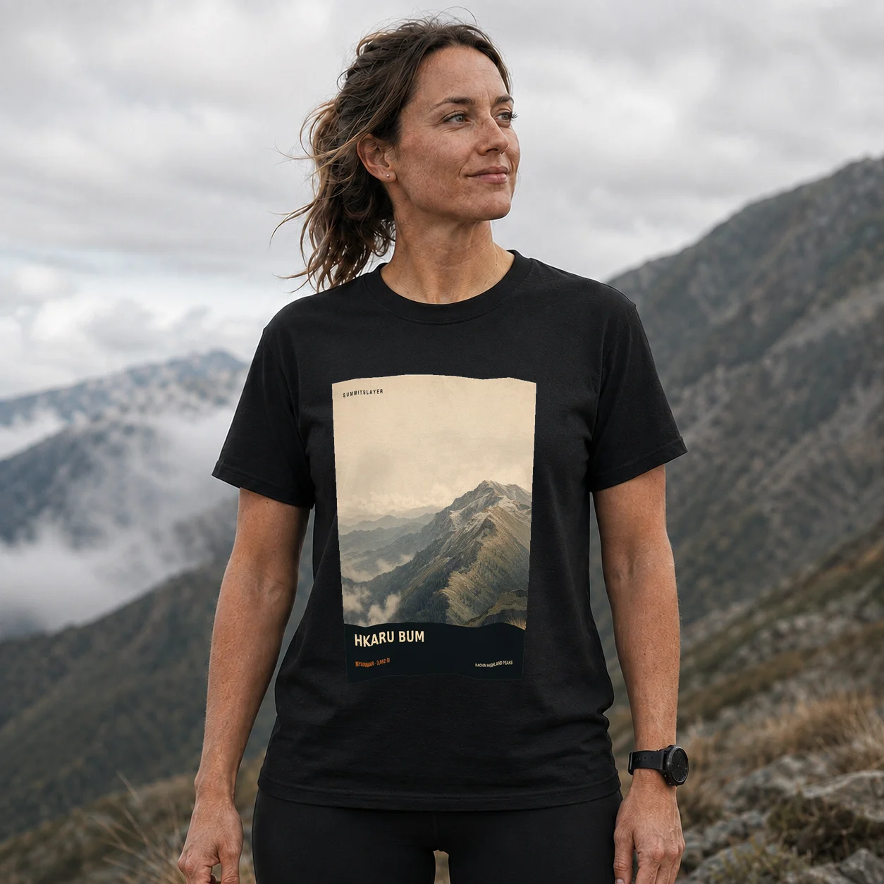 Black Hkaru Bum T-shirt front with mountain artwork