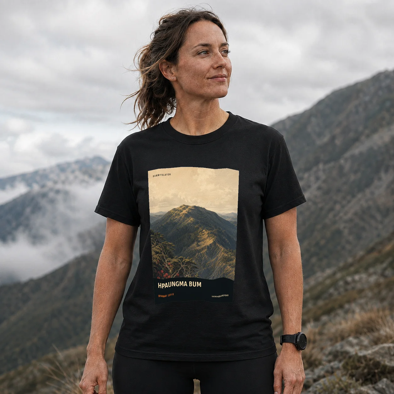 Black Hpaungma Bum T-shirt front with mountain artwork