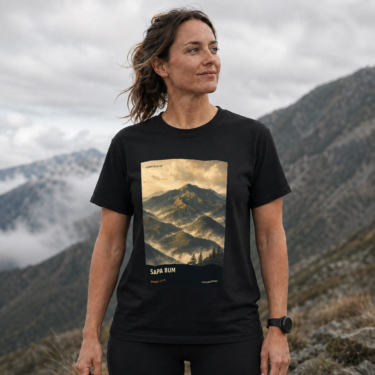 Black Sapa Bum T-shirt front with mountain artwork