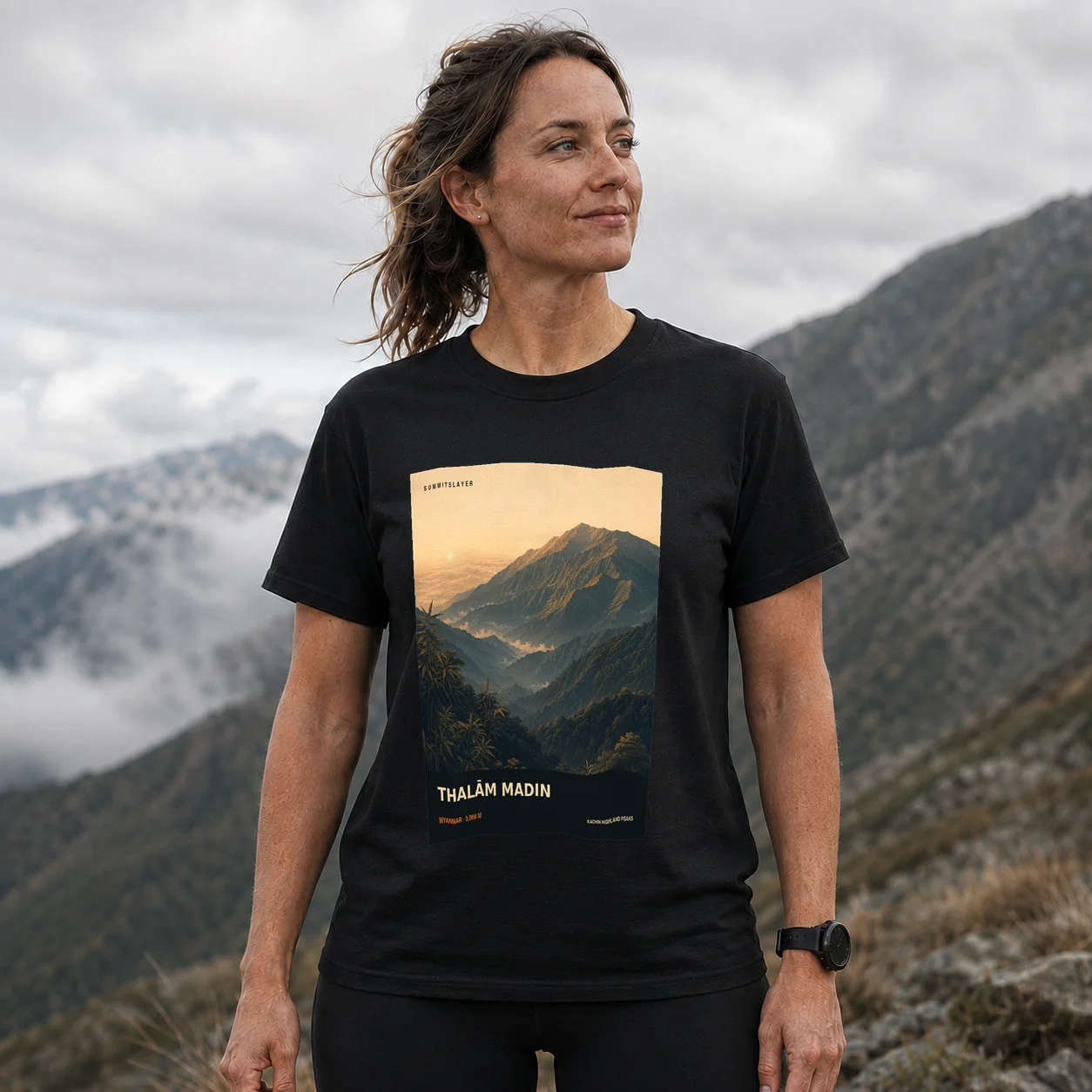 Black Thalām Madin T-shirt front with mountain artwork