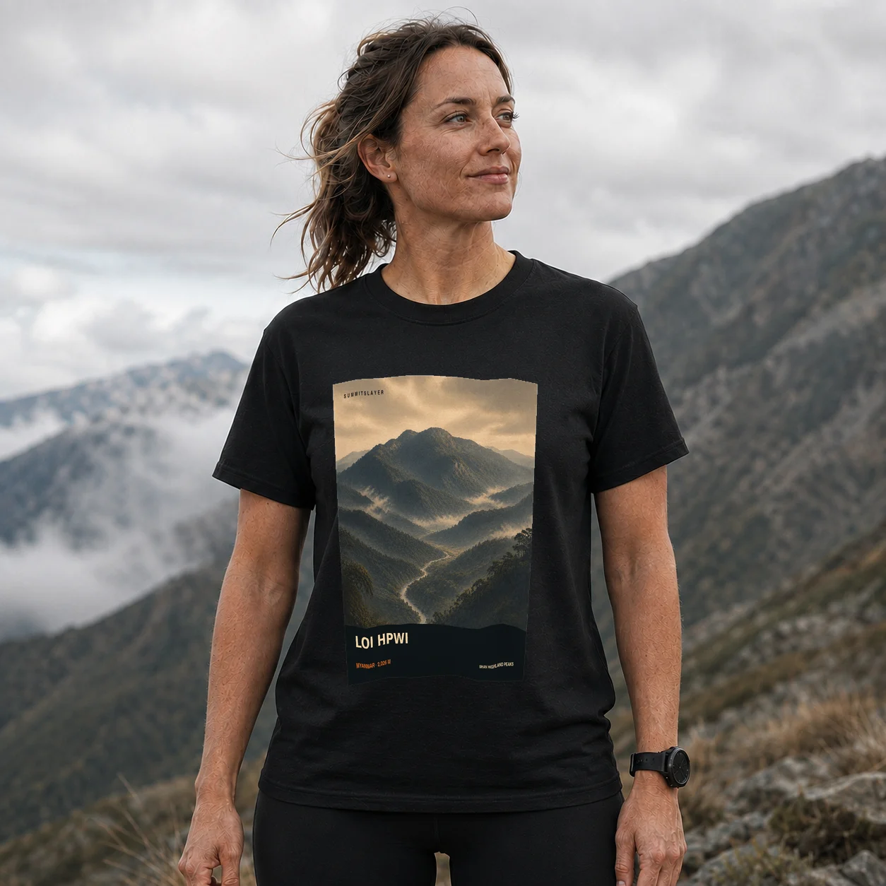 Black Loi Hpwi T-shirt front with mountain artwork