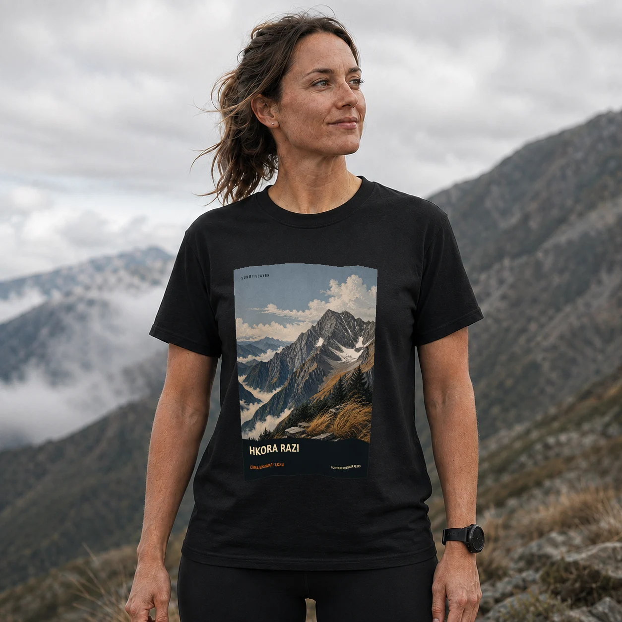 Black Hkora Razi T-shirt front with mountain artwork