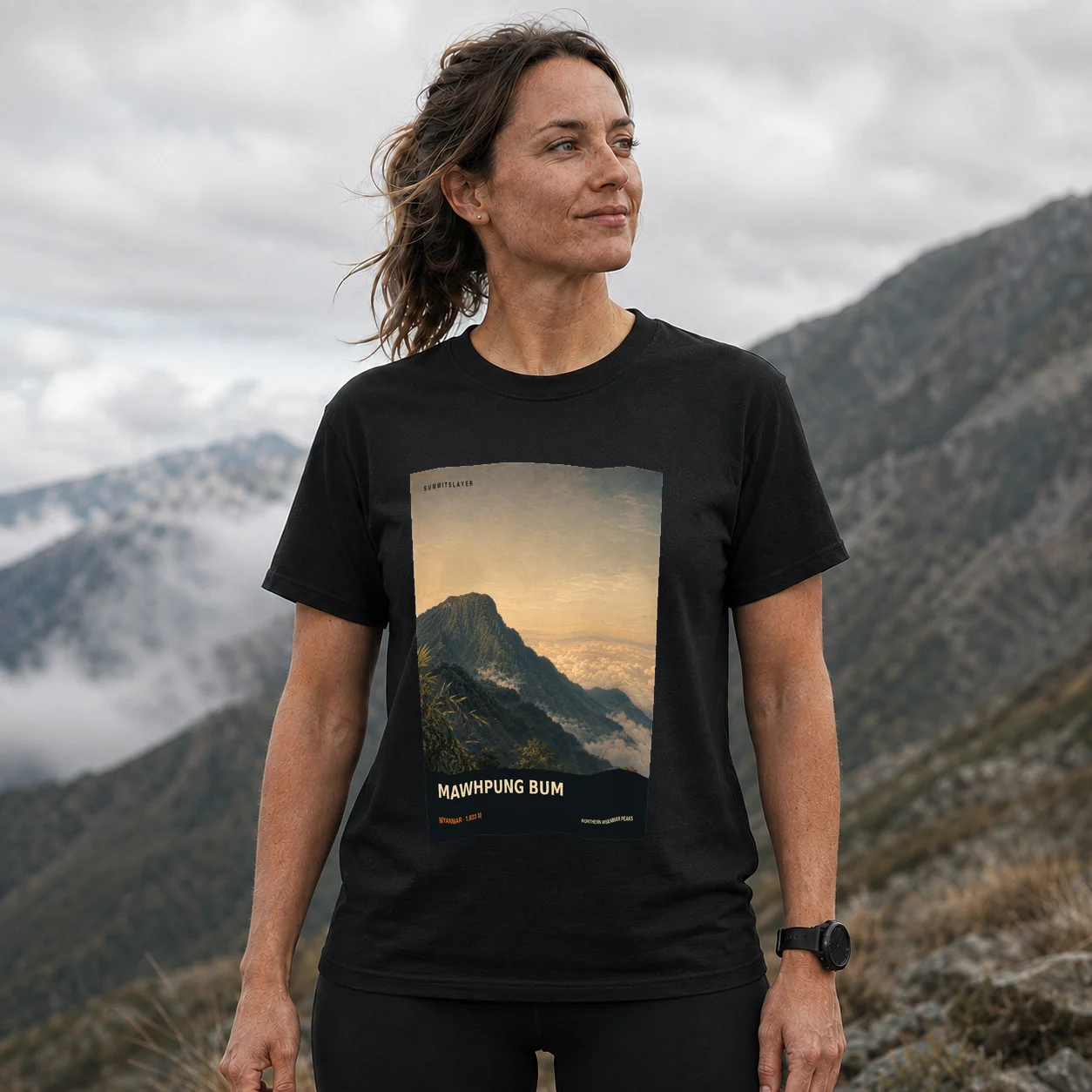 Black Mawhpung Bum T-shirt front with mountain artwork