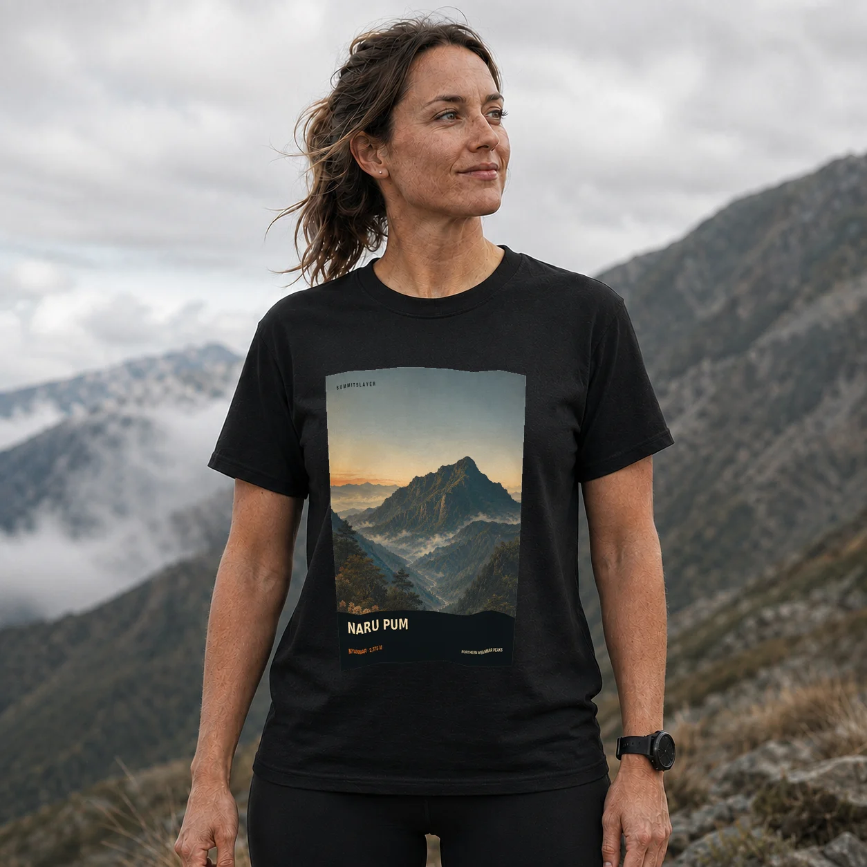 Black Naru Pum T-shirt front with mountain artwork