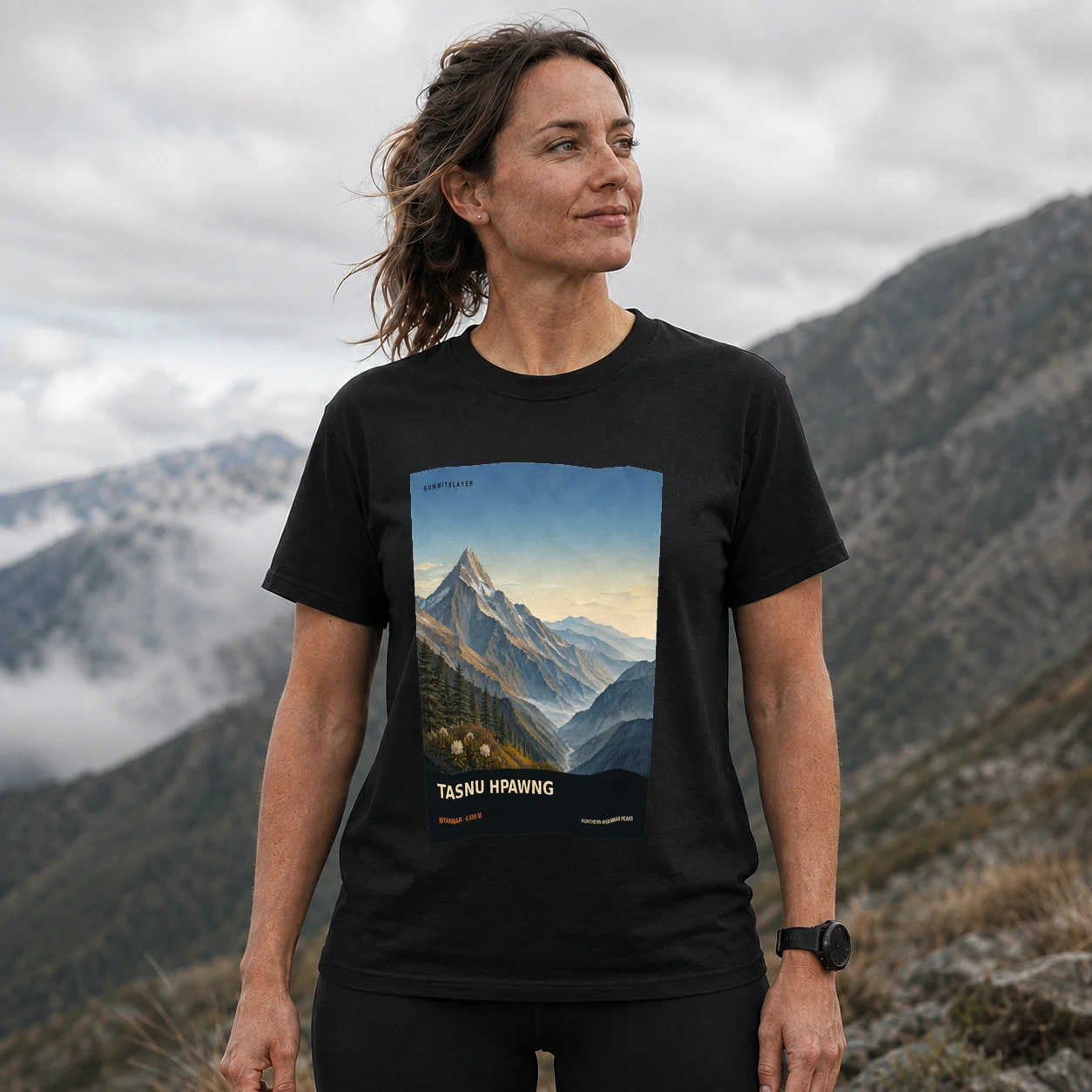 Black Tasnu Hpawng T-shirt front with mountain artwork