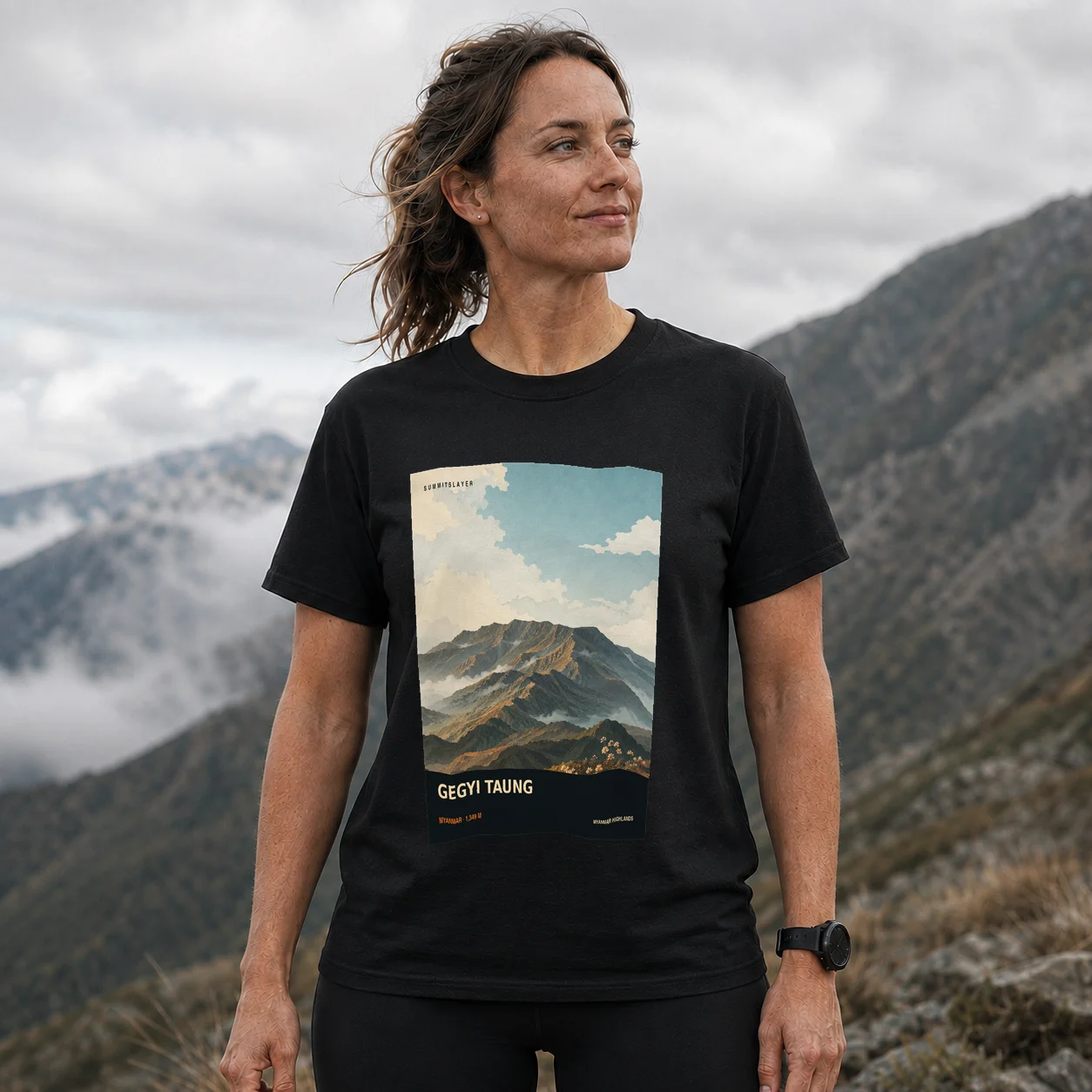 Black Gegyi Taung T-shirt front with mountain artwork