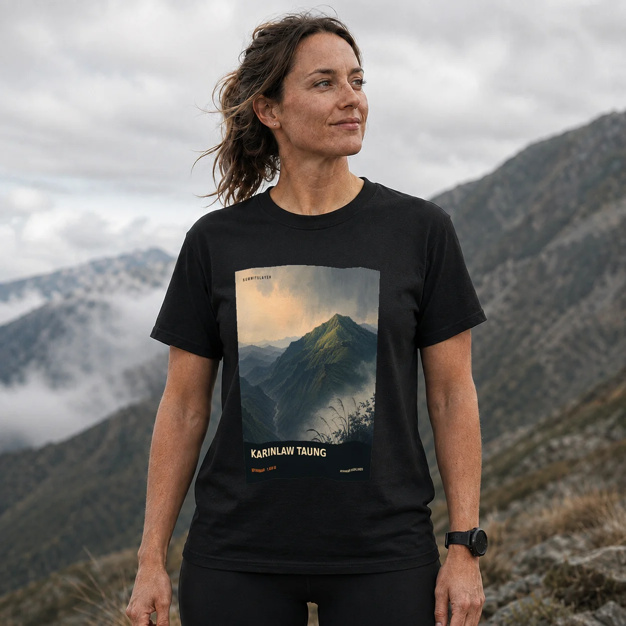Black Karinlaw Taung T-shirt front with mountain artwork